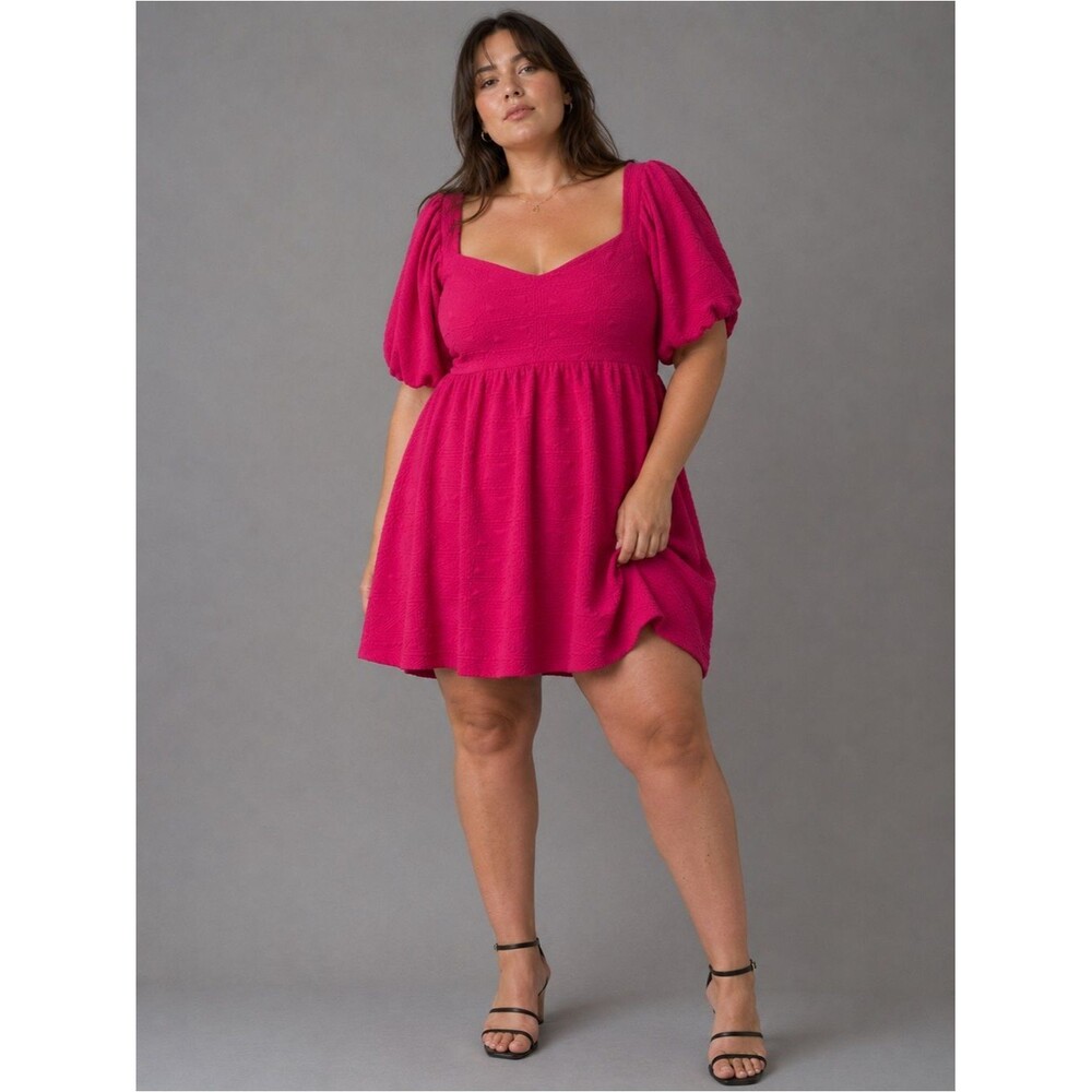 Free People Hot Pink Textured Mini Dress XL Puff Sleeve Open Tie Back Babydoll